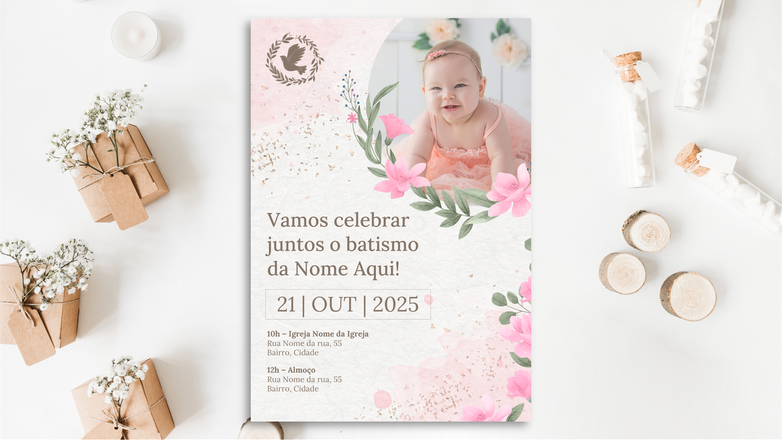 Convite Batizado – Menina 01 – Modelo de Template em PowerPoint