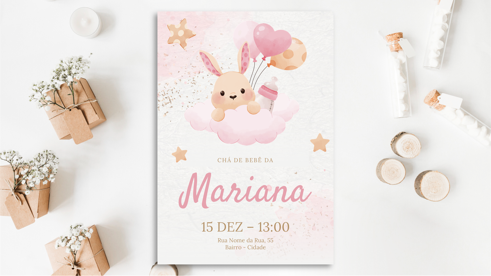 Convite Chá de Bebê – Menina 01 – Modelo de Template em PowerPoint